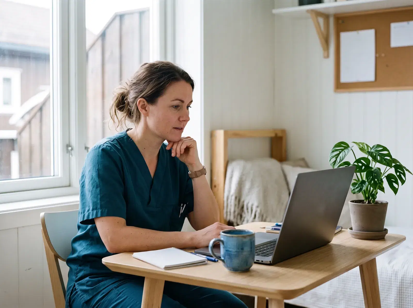A nurse following a practice conversation on her laptop